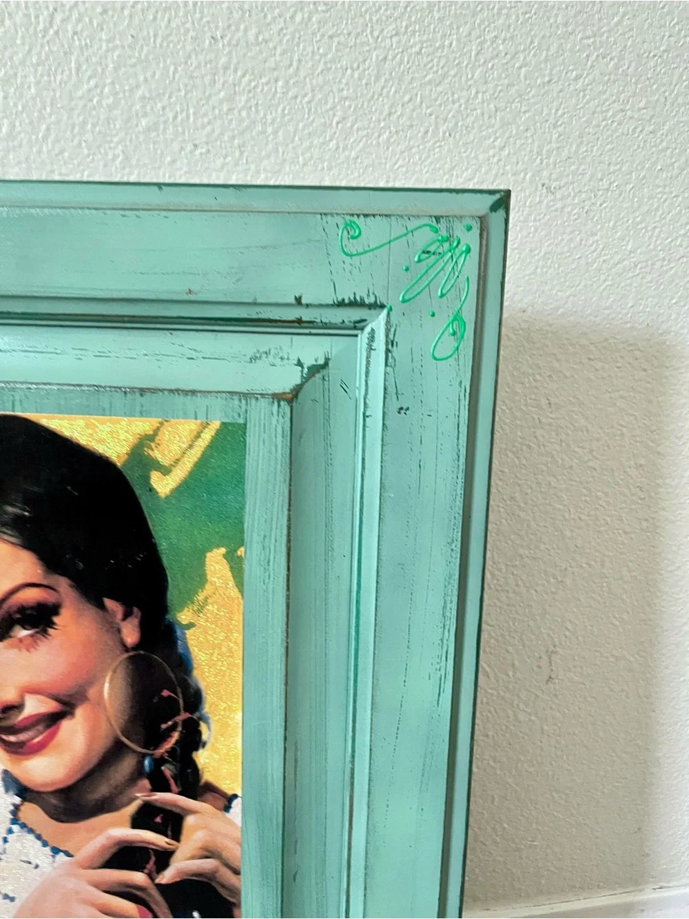 Turquoise Distressed Wood Picture Frame with Portrait Artwork